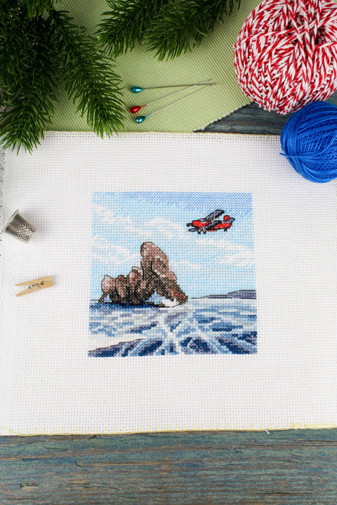 Cross Stitch Kit, Winter Frozen Lake Landscape, MP Studia, 11×11 cm, Aida Canvas, Multicolor, Beginner Friendly