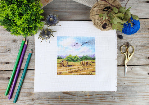 Cross Stitch Embroidery Kit, Countryside Landscape, MP Studia, 11×11 cm, Multicolor Natural Tones DIY Craft Set