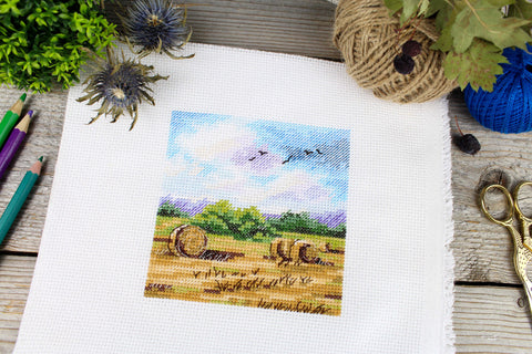 Cross Stitch Embroidery Kit, Countryside Landscape, MP Studia, 11×11 cm, Multicolor Natural Tones DIY Craft Set
