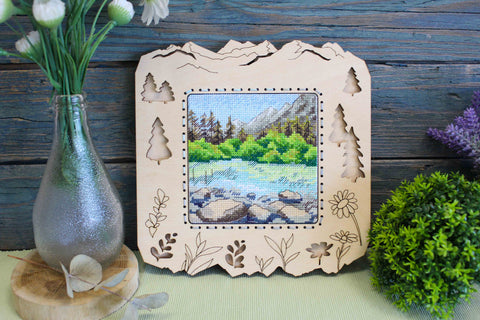 Cross Stitch Kit Mountain Lake Landscape, Beginner and Advanced Embroidery Set, MP Studia, Aida Fabric, Floss and Needle