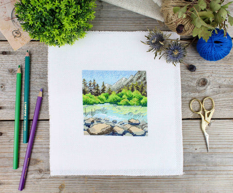 Cross Stitch Kit Mountain Lake Landscape, Beginner and Advanced Embroidery Set, MP Studia, Aida Fabric, Floss and Needle