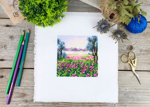 Counted Cross Stitch Kit with Summer Dawn Landscape, MP Studia, Aida Canvas, Cotton Threads, Needle, Chart and Instructions