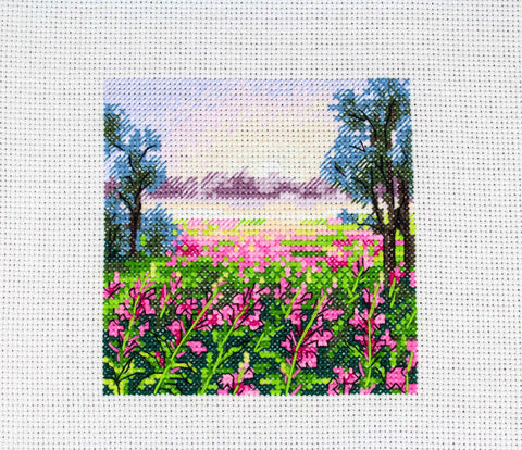Counted Cross Stitch Kit with Summer Dawn Landscape, MP Studia, Aida Canvas, Cotton Threads, Needle, Chart and Instructions