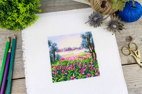 Counted Cross Stitch Kit with Summer Dawn Landscape, MP Studia, Aida Canvas, Cotton Threads, Needle, Chart and Instructions