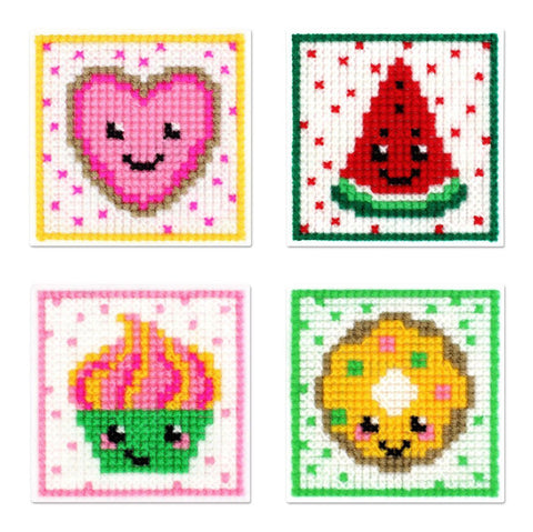 Cross Stitch Kit for Kids and Beginners, 4 Candy Designs, 11 Count Plastic Canvas, MP Studia, 10.6 cm Projects
