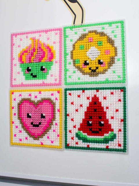 Cross Stitch Kit for Kids and Beginners, 4 Candy Designs, 11 Count Plastic Canvas, MP Studia, 10.6 cm Projects