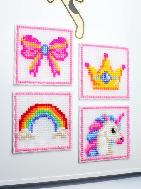 Princess Cross Stitch Kit, 4 Projects, 11 Count Plastic Canvas, 10.6 x 10.6 cm, MP Studia, Beginner Craft Set