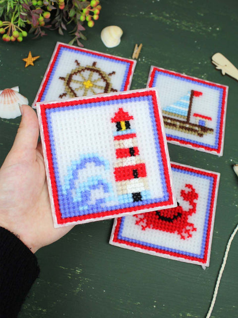 Cross Stitch Kit for Kids and Adults, Sea-Themed Decor, 4 Designs, 10.6 cm Plastic Canvas, MP Studia