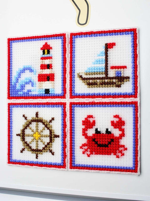 Cross Stitch Kit for Kids and Adults, Sea-Themed Decor, 4 Designs, 10.6 cm Plastic Canvas, MP Studia