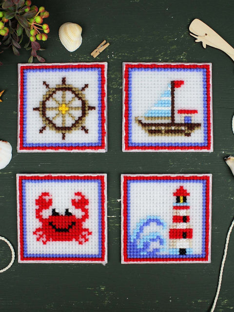 Cross Stitch Kit for Kids and Adults, Sea-Themed Decor, 4 Designs, 10.6 cm Plastic Canvas, MP Studia