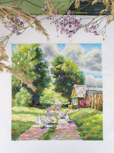 Cross Stitch Kit Forest Path Landscape, 22 x 20 cm Finished Size, 16 Count Canvas, 36 Gamma Threads, MP Studia