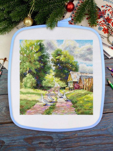 Cross Stitch Kit Forest Path Landscape, 22 x 20 cm Finished Size, 16 Count Canvas, 36 Gamma Threads, MP Studia