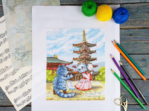 Cat Cross Stitch Embroidery Kit, Graceful Dance Design, 25 x 20 cm, MP Studia, 16 Count Cotton Canvas, 36 Colors