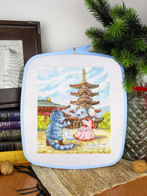 Cat Cross Stitch Embroidery Kit, Graceful Dance Design, 25 x 20 cm, MP Studia, 16 Count Cotton Canvas, 36 Colors
