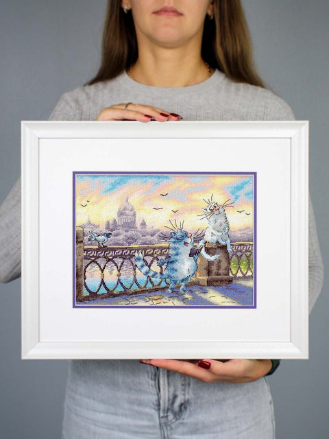 Cross Stitch Kit, Riverbank Scene with Cats and City, 25x20 cm, 16 Count Cotton Canvas, 30-Color Gamma Threads, MP Studia