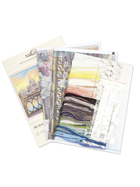 Cross Stitch Kit, Riverbank Scene with Cats and City, 25x20 cm, 16 Count Cotton Canvas, 30-Color Gamma Threads, MP Studia