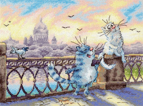 Cross Stitch Kit, Riverbank Scene with Cats and City, 25x20 cm, 16 Count Cotton Canvas, 30-Color Gamma Threads, MP Studia