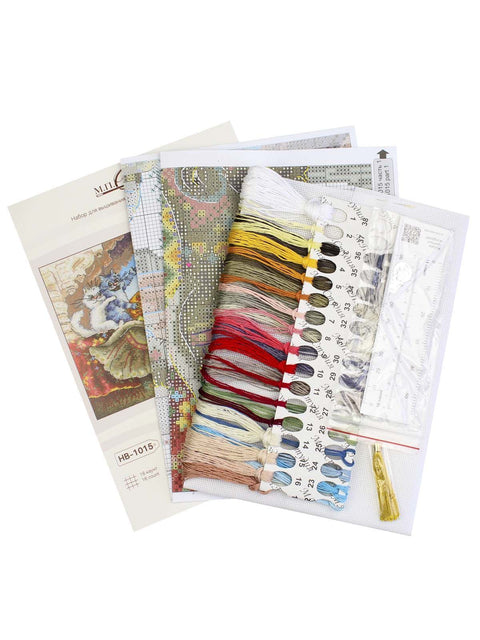 Cross Stitch Embroidery Kit, Cat on Elephant Animal Design, 16 Count Cotton Fabric, 36 Gamma Threads, 25 x 20 cm, MP Studia