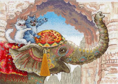 Cross Stitch Embroidery Kit, Cat on Elephant Animal Design, 16 Count Cotton Fabric, 36 Gamma Threads, 25 x 20 cm, MP Studia
