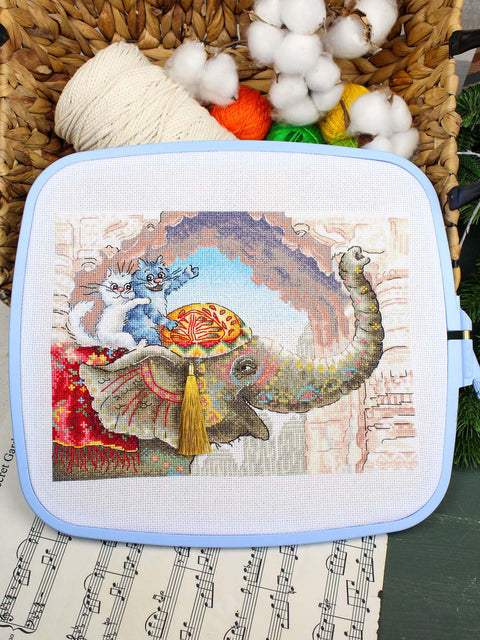 Cross Stitch Embroidery Kit, Cat on Elephant Animal Design, 16 Count Cotton Fabric, 36 Gamma Threads, 25 x 20 cm, MP Studia