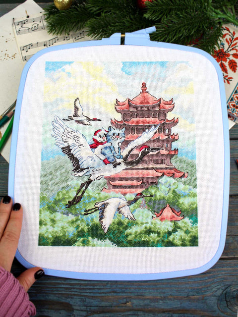 Cat Cross Stitch Kit with Travel Motif, 25 x 20 cm, MP Studia, 33 Colors, 16 Count Cotton Fabric