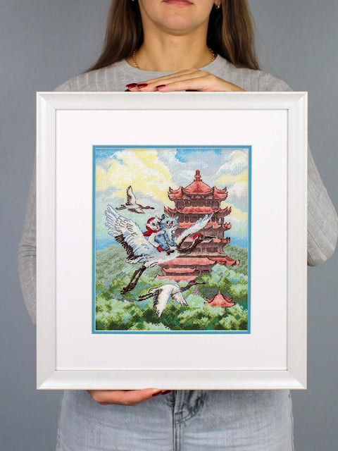 Cat Cross Stitch Kit with Travel Motif, 25 x 20 cm, MP Studia, 33 Colors, 16 Count Cotton Fabric