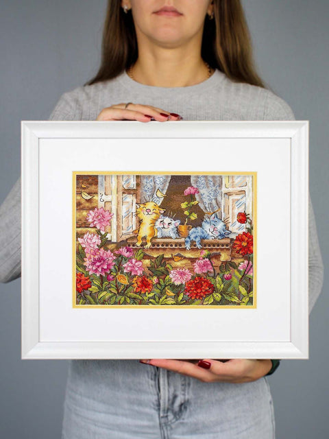 Cat Cross Stitch Kit, Carefree Childhood Design, 19 x 25 cm, 16-Count Cotton Canvas, Gamma Threads, MP Studia