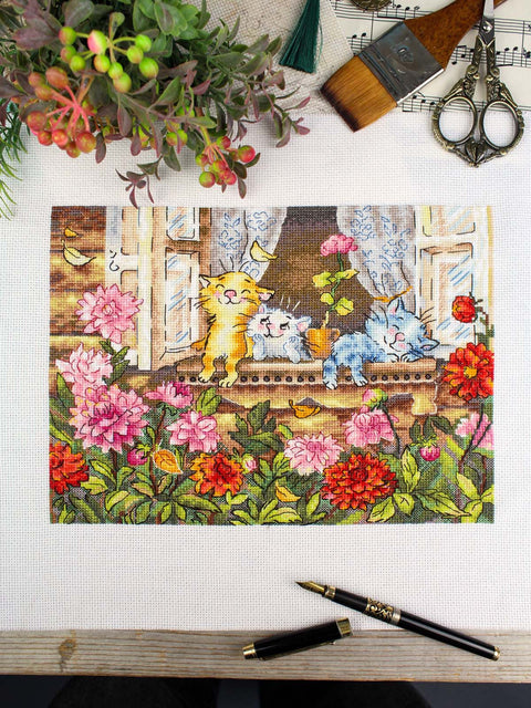 Cat Cross Stitch Kit, Carefree Childhood Design, 19 x 25 cm, 16-Count Cotton Canvas, Gamma Threads, MP Studia