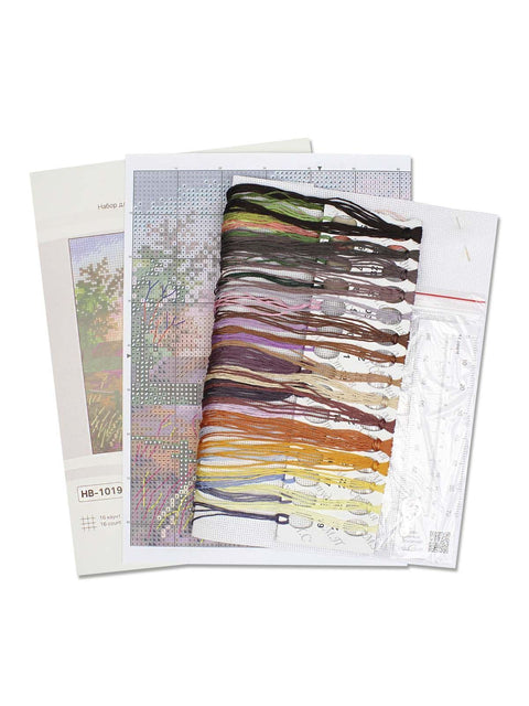 Forest Landscape Cross Stitch Kit, Nature Scene, 14 x 14 cm, 16 Count Cotton Canvas, 36 Gamma Threads, MP Studia
