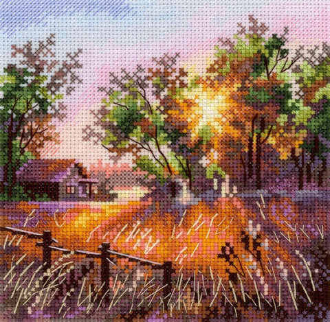 Forest Landscape Cross Stitch Kit, Nature Scene, 14 x 14 cm, 16 Count Cotton Canvas, 36 Gamma Threads, MP Studia