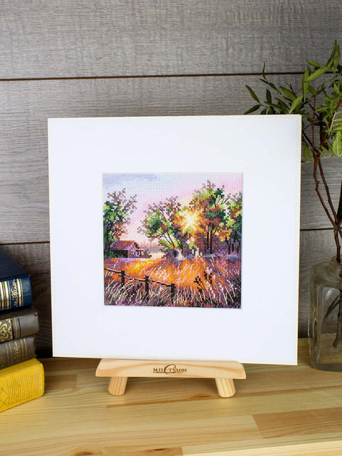 Forest Landscape Cross Stitch Kit, Nature Scene, 14 x 14 cm, 16 Count Cotton Canvas, 36 Gamma Threads, MP Studia
