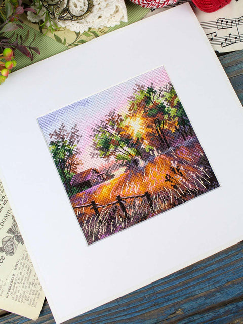 Forest Landscape Cross Stitch Kit, Nature Scene, 14 x 14 cm, 16 Count Cotton Canvas, 36 Gamma Threads, MP Studia