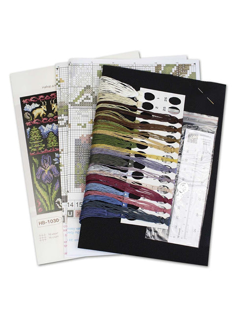 Cross Stitch Kit Twilight in the Mountains, Flora and Berries, 16 Count Black Cotton Canvas, 19x19 cm, MP Studia