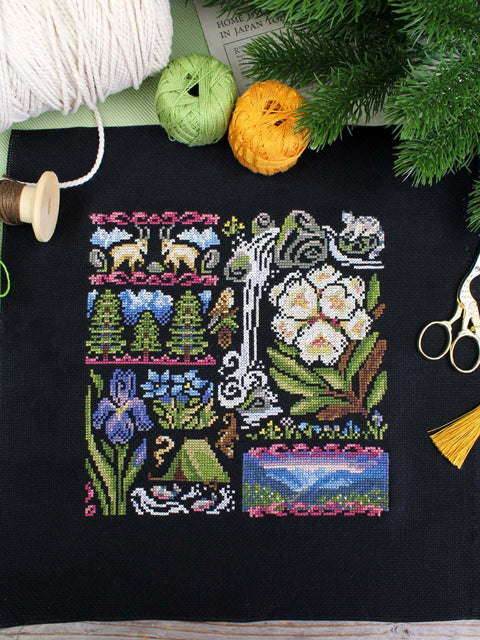 Cross Stitch Kit Twilight in the Mountains, Flora and Berries, 16 Count Black Cotton Canvas, 19x19 cm, MP Studia