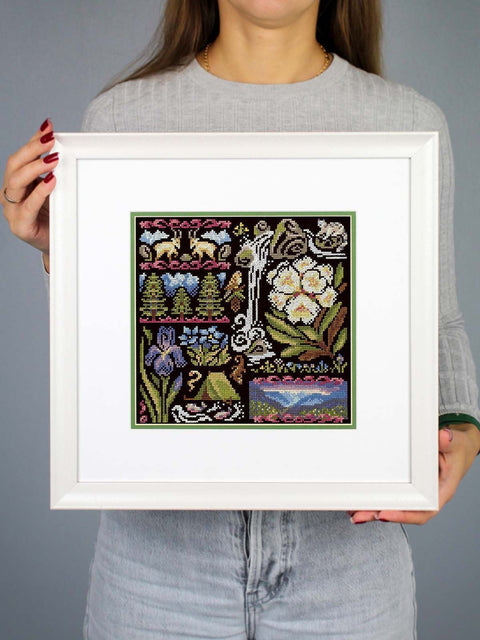 Cross Stitch Kit Twilight in the Mountains, Flora and Berries, 16 Count Black Cotton Canvas, 19x19 cm, MP Studia