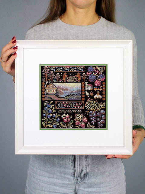 Cross Stitch Kit Village Dawn, 19x19 cm, 24 Colors, 16 Count Black Cotton Canvas, Flora and Berries, MP Studia