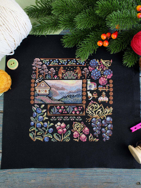 Cross Stitch Kit Village Dawn, 19x19 cm, 24 Colors, 16 Count Black Cotton Canvas, Flora and Berries, MP Studia