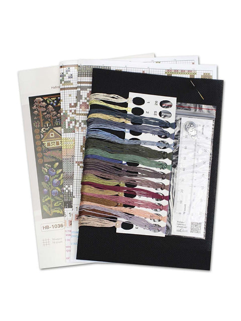 Cross Stitch Kit Village Dawn, 19x19 cm, 24 Colors, 16 Count Black Cotton Canvas, Flora and Berries, MP Studia