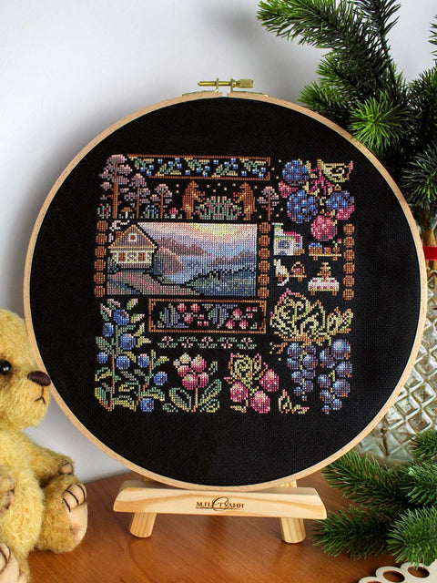 Cross Stitch Kit Village Dawn, 19x19 cm, 24 Colors, 16 Count Black Cotton Canvas, Flora and Berries, MP Studia