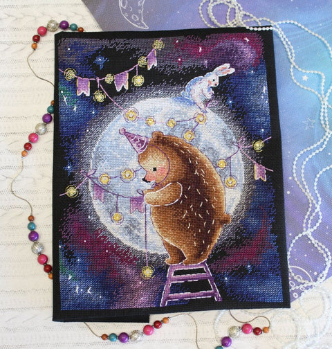 Cross Stitch Kit with Moonlit Night Landscape Design, MP Studia, Aida Fabric, Cotton Threads, Needle, Pattern and Instructions