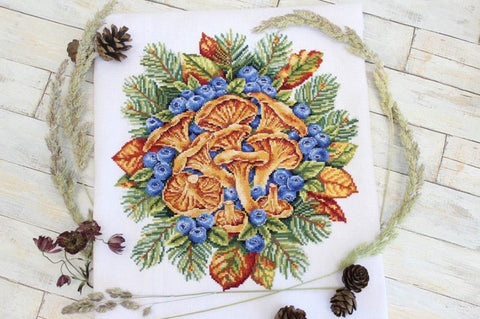 Cross Stitch Kit Forest Treasures, Mushroom Berry and Leaf Design, Aida Canvas, Cotton Threads, MP Studia, Intermediate Level