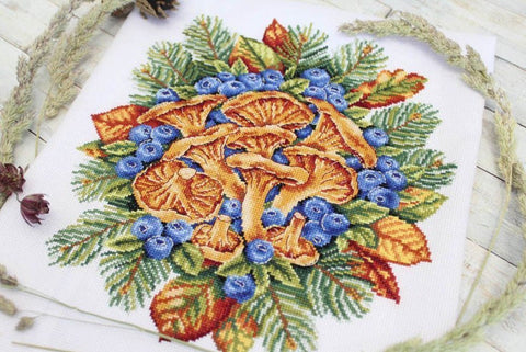Cross Stitch Kit Forest Treasures, Mushroom Berry and Leaf Design, Aida Canvas, Cotton Threads, MP Studia, Intermediate Level