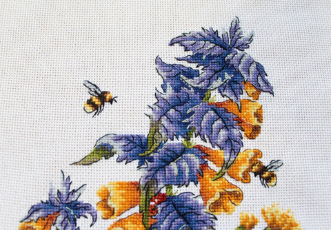 Cross Stitch Embroidery Kit with Melampyrum Nemorosum Wildflower Motif, MP Studia, Needle, Threads, Fabric and Chart
