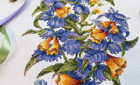 Cross Stitch Embroidery Kit with Melampyrum Nemorosum Wildflower Motif, MP Studia, Needle, Threads, Fabric and Chart
