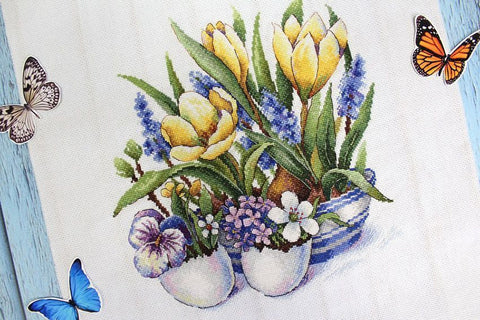 Cross Stitch Kit, First Breath of Spring Pattern, MP Studia Embroidery Set with Fabric, Threads, Needle and Instructions