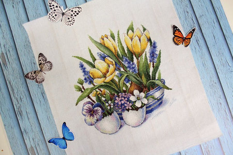 Cross Stitch Kit, First Breath of Spring Pattern, MP Studia Embroidery Set with Fabric, Threads, Needle and Instructions