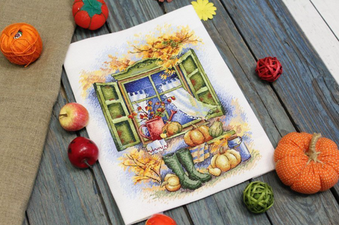 Cross Stitch Kit Autumn Landscape Embroidery Set, MP Studia, 26×19 cm, Warm Earth Tones, DIY Home Decor Project