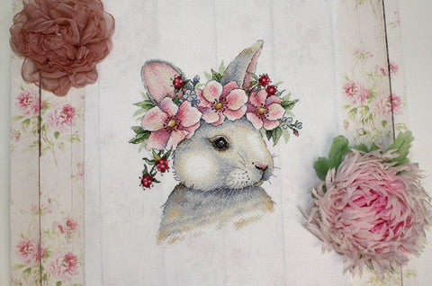 Cross Stitch Embroidery Kit, Rabbit in Flowers Design, MP Studia, Cotton Aida Fabric, Beginner Craft, Framed Wall Decor