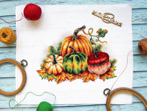Cross Stitch Embroidery Kit with Colorful Pumpkins, Autumn Theme, MP Studia, Beginner-Friendly Wall Decor Project
