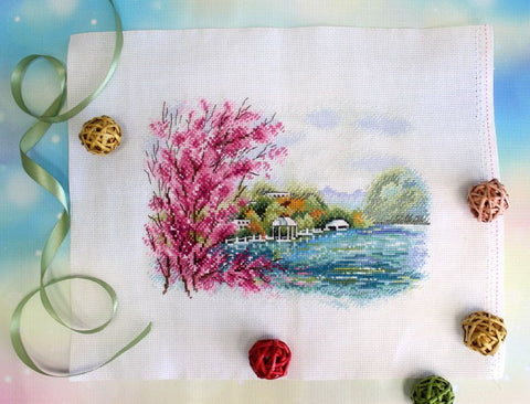 Cross Stitch Embroidery Kit, Abrau-Durso Landscape, MP Studia, Fabric, Threads, Needle, Pattern and Instructions, Beginner Friendly